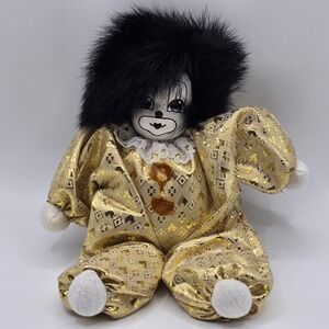 Vintage Q-Tee Clown Shelf Sitter Hand Painted Doll Black Hair‎ Gold Outfit